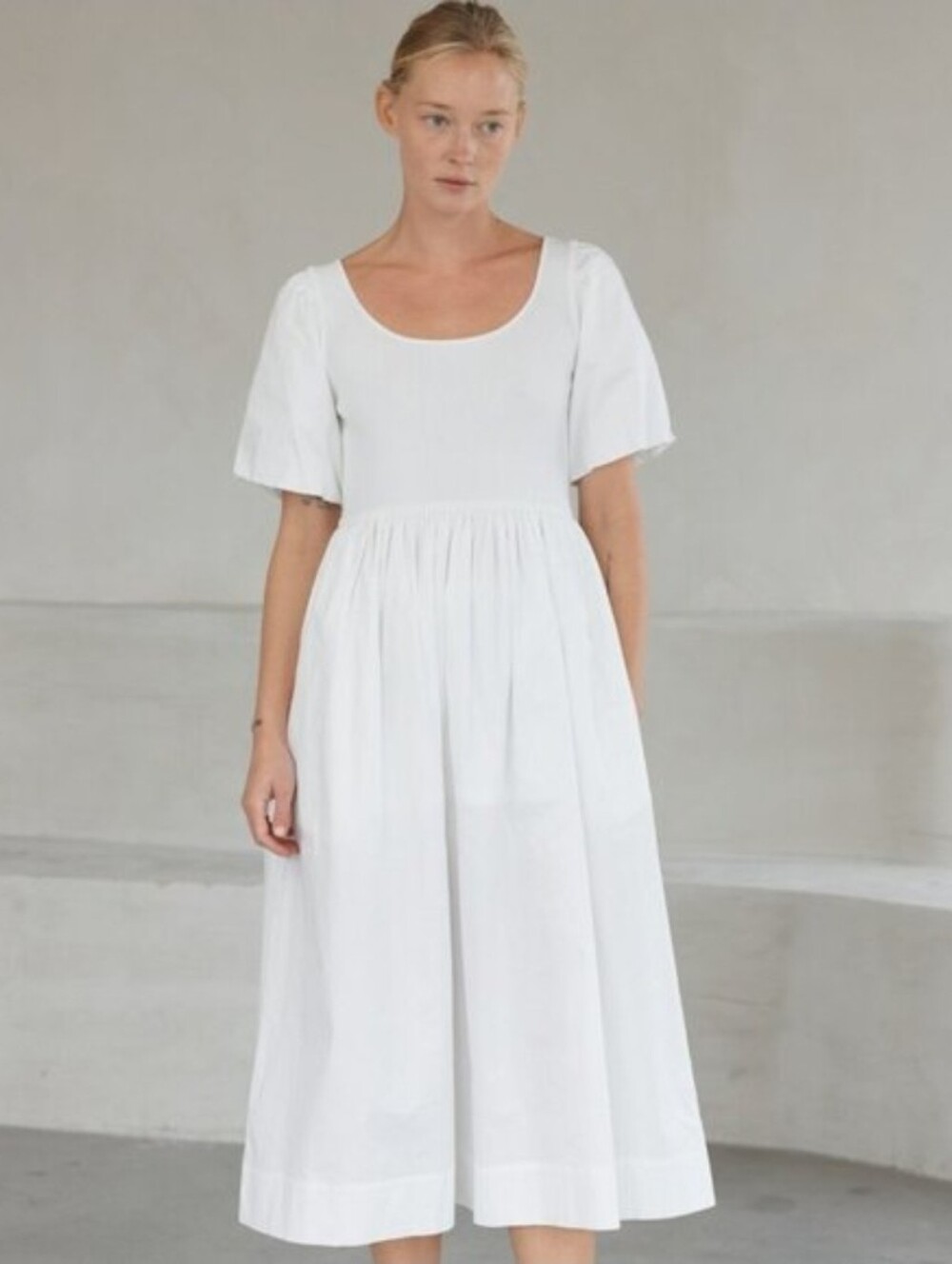 Mod Ref White Linen Blend Midi Dress Scoop Neck Cottagecore Prairie Milkmaid